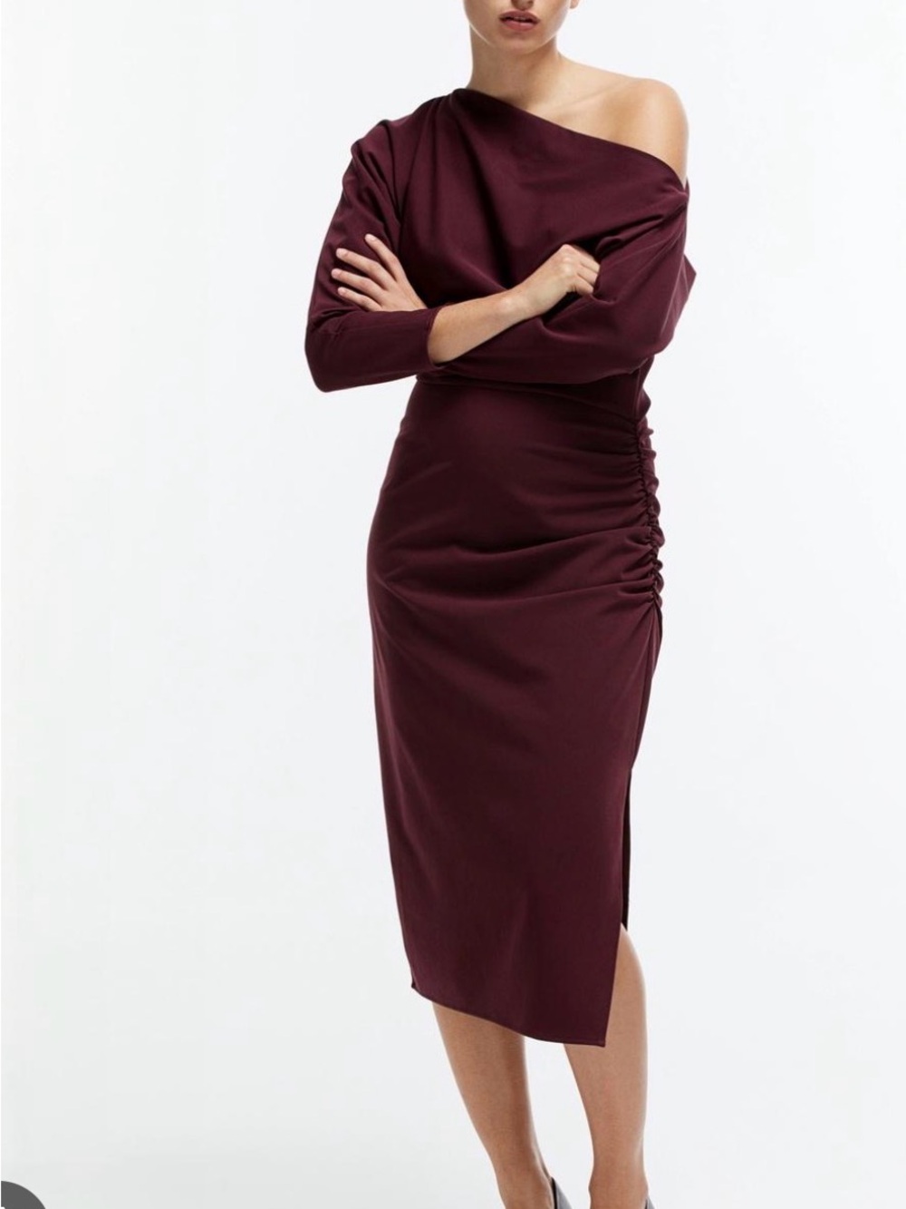 H&M Draped Shoulder Burgundy Dress